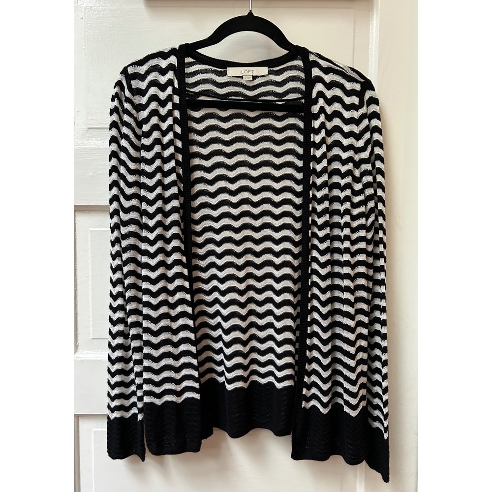 Ann Taylor Loft Black and Off-White Embroidered/Lacey Cardigan Size Medium
